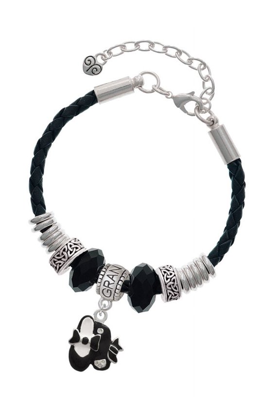 Silvertone Black Enamel Tap Shoes Grandmother Celtic Knot Leather Bead Bracelet, 7"+2" Extender