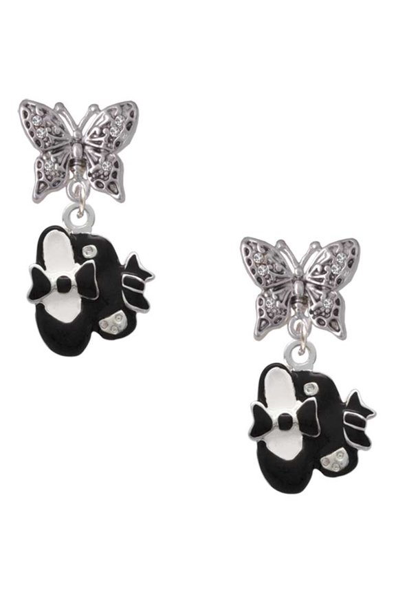 Silvertone Black Enamel Tap Shoes Silvertone Antiqued Butterfly Post Earrings
