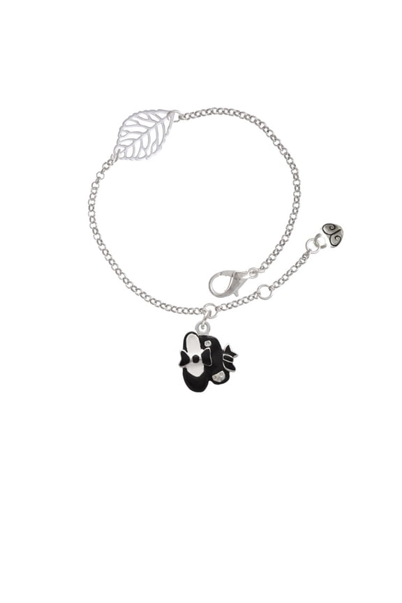 Silvertone Black Enamel Tap Shoes - Silvertone Leaf Delicate Bracelet, 6.25+1.75"