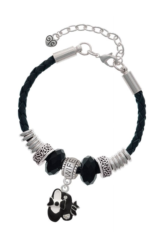 Silvertone Black Enamel Tap Shoes Wife Celtic Knot Leather Bead Bracelet, 7"+2" Extender