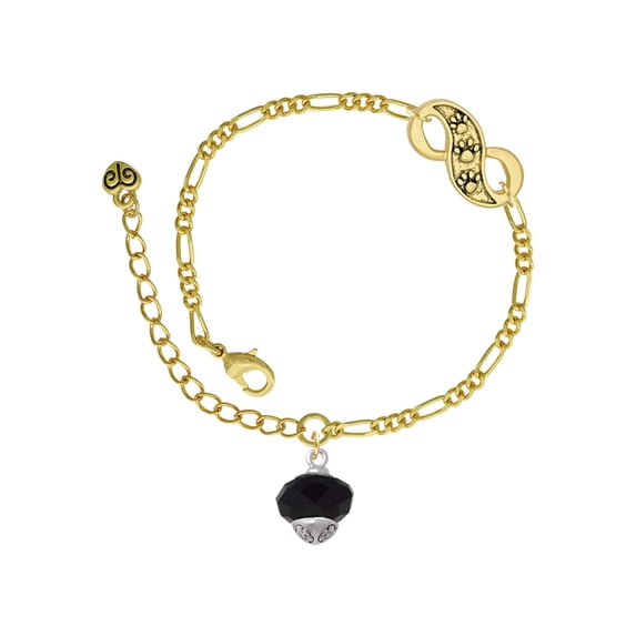 Delight Jewelry Silvertone Black Faceted Glass Spinner Gold-tone Paw Infinity Link Chain Bracelet, 6"+2" Extender