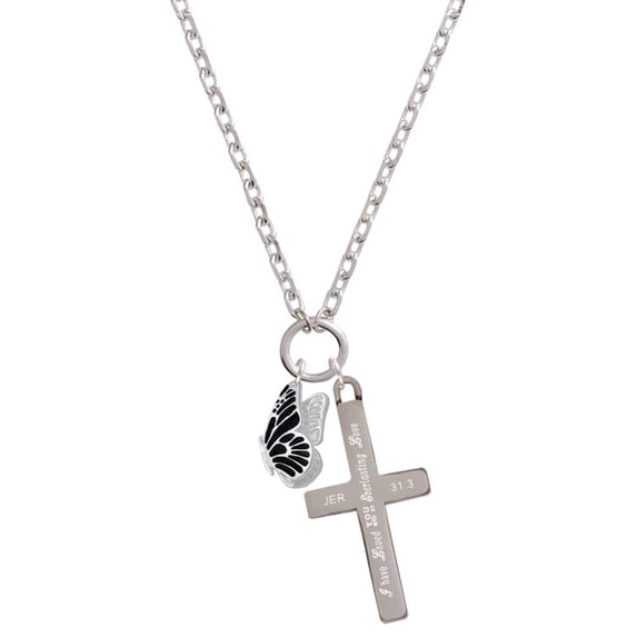 Delight Jewelry Silvertone Black Flying Butterfly Everlasting Love Engraved Cross Zoey Necklace, 28"