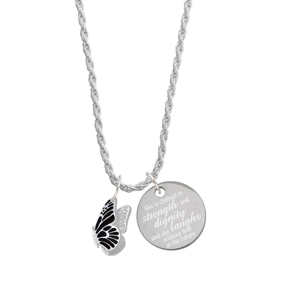 Delight Jewelry Silvertone Black Flying Butterfly She is Clothed in Stength and Dignity Charm Necklace, 20"+3"