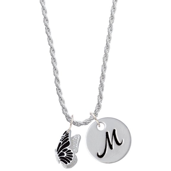 Delight Jewelry Silvertone Black Flying Butterfly Silvertone Script Initial Disc - M - Charm Necklace, 20"+3"