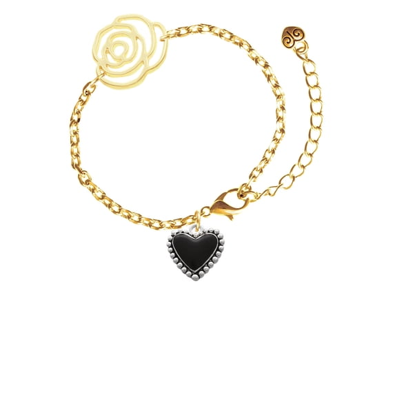Delight Jewelry Silvertone Black Heart with Beaded Border Gold-tone Flower Link Chain Bracelet, 6.75"+2" Extender
