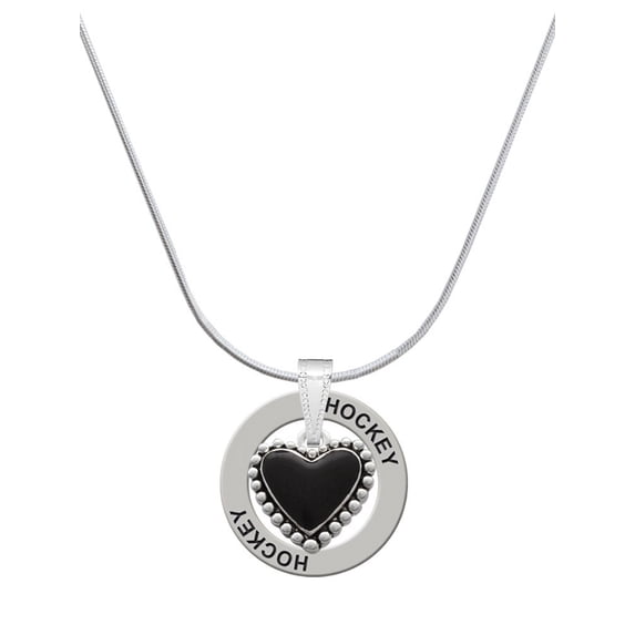 Delight Jewelry Silvertone Black Heart with Beaded Border Hockey Ring Charm Necklace, 18"