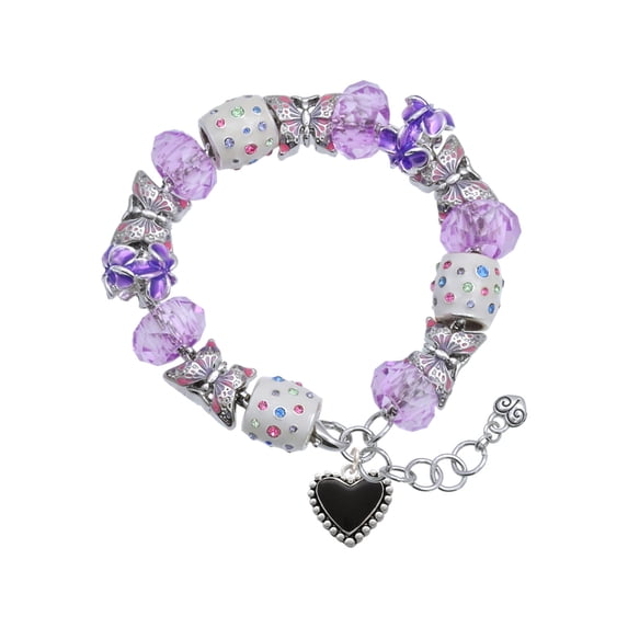Delight Jewelry Silvertone Black Heart with Beaded Border Purple Butterfly Bead Charm Bracelet, 7"+1" Extender