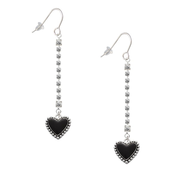 Delight Jewelry Silvertone Black Heart with Beaded Border - Silver-tone Long Sparkle Dangle French Earrings
