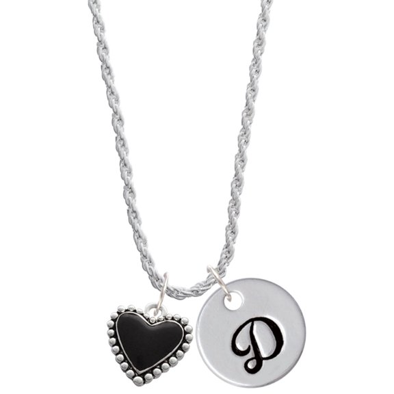 Delight Jewelry Silvertone Black Heart with Beaded Border Silvertone Script Initial Disc - D - Charm Necklace, 20"+3"
