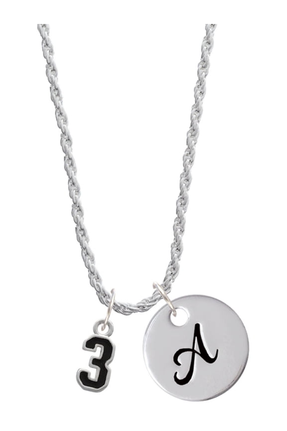 Silvertone Black Number - 3 Silvertone Script Initial Disc - A - Charm Necklace, 20"+3"