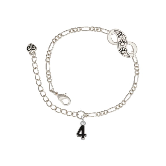 Delight Jewelry Silvertone Black Number - 4 Silver-tone Paw Infinity Link Chain Bracelet, 6"+2" Extender