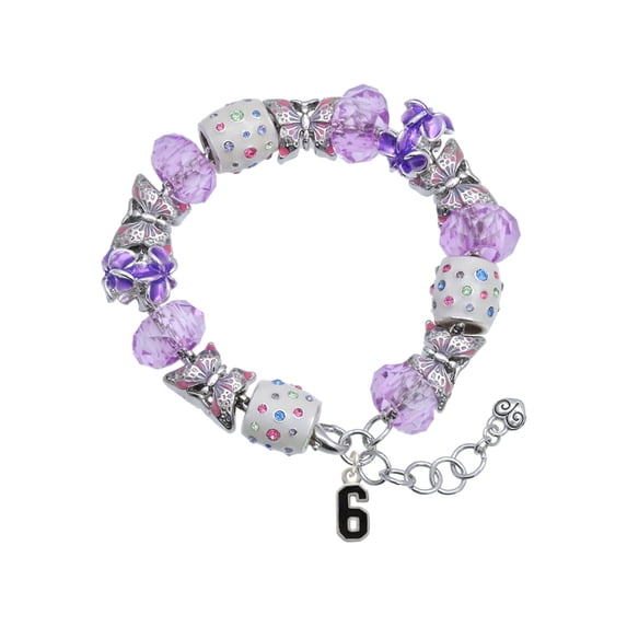 Delight Jewelry Silvertone Black Number - 6 Purple Butterfly Bead Charm Bracelet, 7"+1" Extender