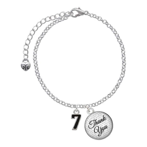 Delight Jewelry Silvertone Black Number - 7 - Domed Thank You Charm Bracelet, 6"+2"