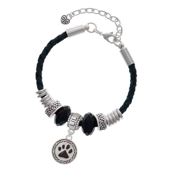 Delight Jewelry Silvertone Black Paw in Rope Border Middle Sister Celtic Knot Leather Bead Bracelet, 7"+2" Extender