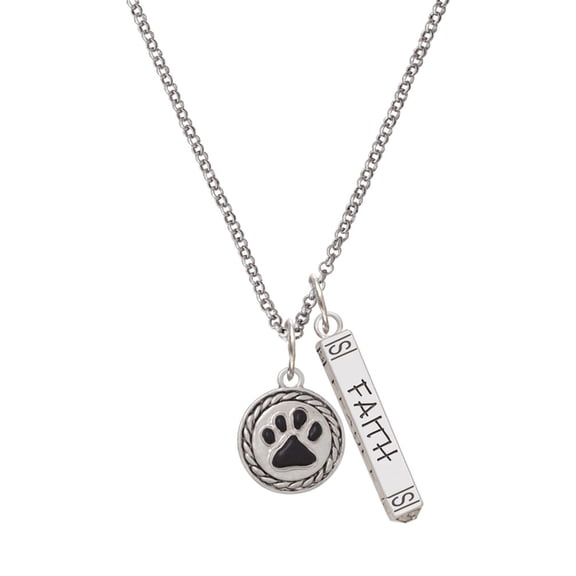 Delight Jewelry Silvertone Black Paw in Rope Border Silvertone Believe Faith Prayer Hope Bar Charm Necklace, 23"