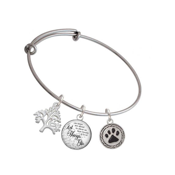 Delight Jewelry Silvertone Black Paw in Rope Border Silvertone Let Things Go Tree Charm Bangle Bracelet
