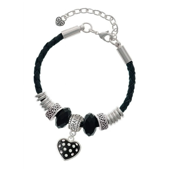 Delight Jewelry Silvertone Black Resin Heart with Clear Crystals in Frame Granddaughter Celtic Knot Leather Bead Bracelet, 7"+2" Extender