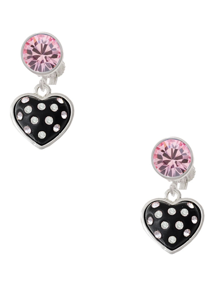 Delight Jewelry Silvertone Black Resin Heart with Clear Crystals in Frame Pink Crystal Clip on Earrings