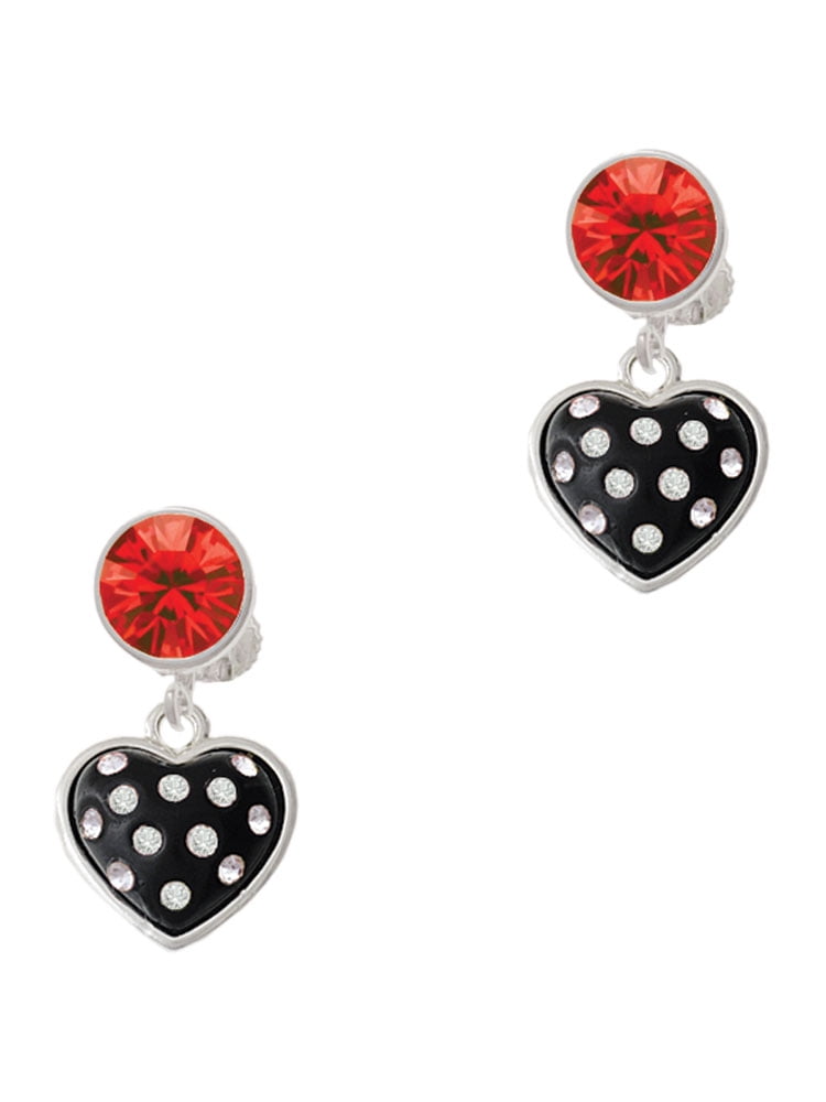 Delight Jewelry Silvertone Black Resin Heart with Clear Crystals in Frame Red Crystal Clip on Earrings