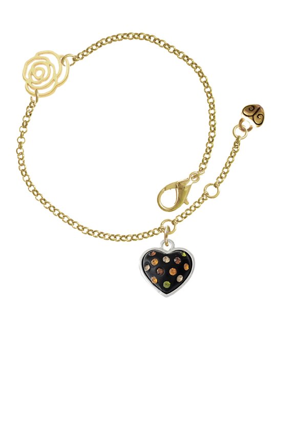 Silvertone Black Resin Heart with Fall Crystals Gold-tone Rose Link Chain Bracelet, 6.25"+1.75" Extender