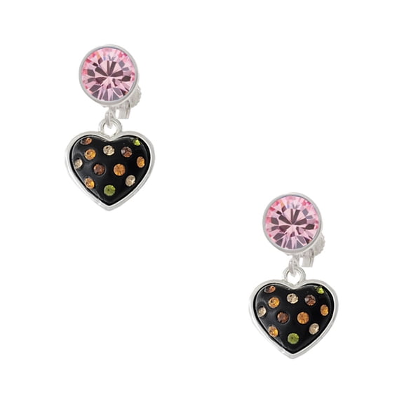 Delight Jewelry Silvertone Black Resin Heart with Fall Crystals Pink Crystal Clip on Earrings
