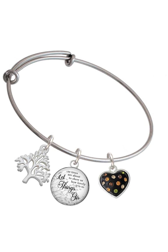 Silvertone Black Resin Heart with Fall Crystals Silvertone Let Things Go Tree Charm Bangle Bracelet