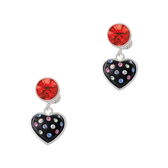 Delight Jewelry Silvertone Black Resin Heart with Tropical Crystals Red Crystal Clip on Earrings