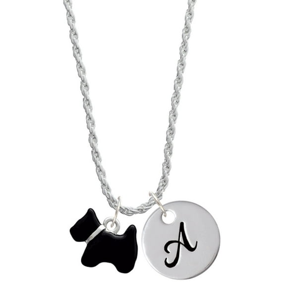 Delight Jewelry Silvertone Black Scottie Dog Silvertone Script Initial Disc - A - Charm Necklace, 20"+3"