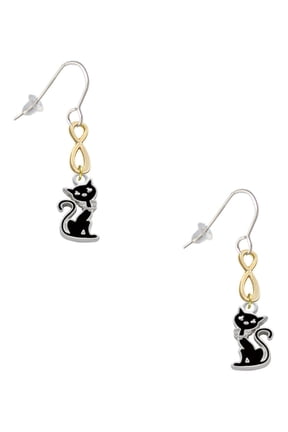 Silvertone Black Sitting Cat Gold Tone Infinity French Earrings