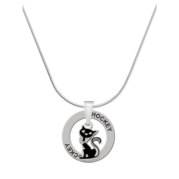 Delight Jewelry Silvertone Black Sitting Cat Hockey Ring Charm Necklace, 18"
