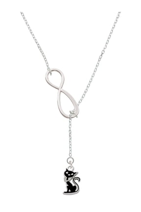 Silvertone Black Sitting Cat Silver tone Elegant Infinity Lariat Necklace