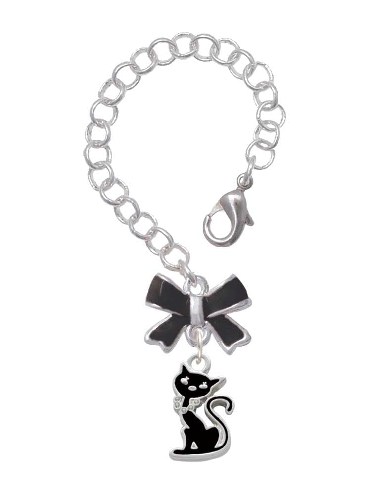 Delight Jewelry Silvertone Black Sitting Cat - Silvertone Black Bow Charm Accessory for Tumblers and Thermal Cups