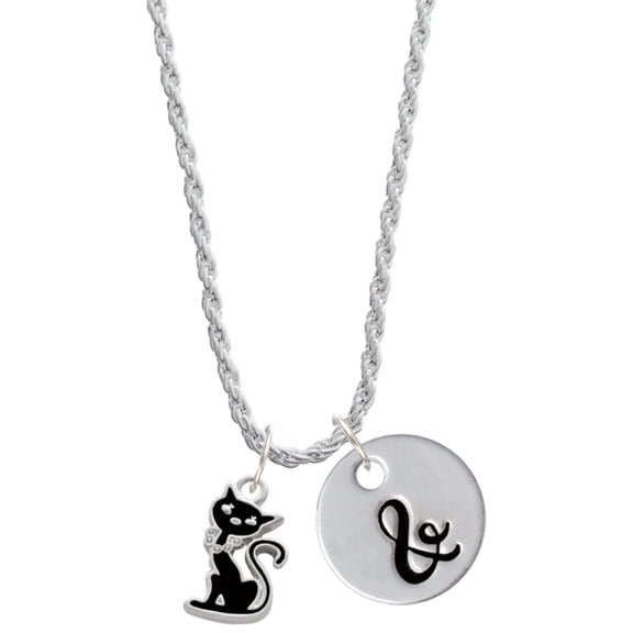 Delight Jewelry Silvertone Black Sitting Cat Silvertone Script Initial Disc - & - Charm Necklace, 20"+3"