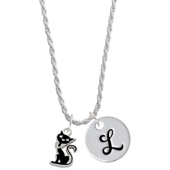 Delight Jewelry Silvertone Black Sitting Cat Silvertone Script Initial Disc - L - Charm Necklace, 20"+3"