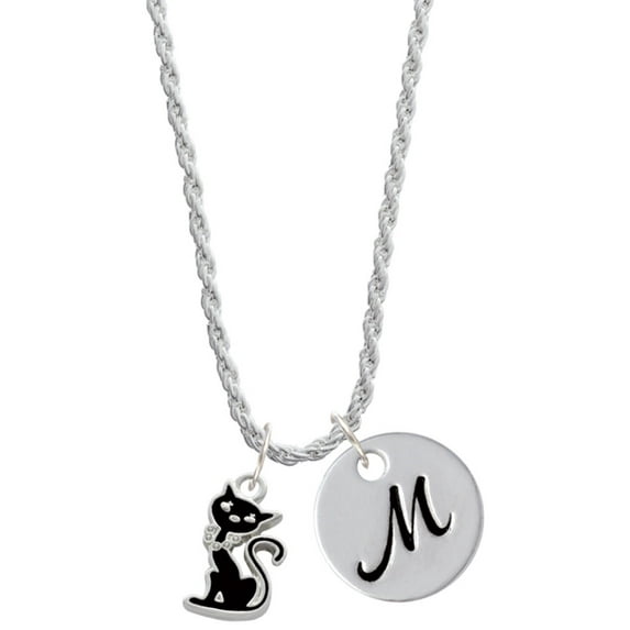 Delight Jewelry Silvertone Black Sitting Cat Silvertone Script Initial Disc - M - Charm Necklace, 20"+3"