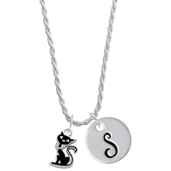 Delight Jewelry Silvertone Black Sitting Cat Silvertone Script Initial Disc - S - Charm Necklace, 20"+3"