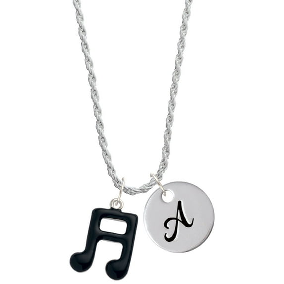 Delight Jewelry Silvertone Black Sixteenth Note Silvertone Script Initial Disc - A - Charm Necklace, 20"+3"
