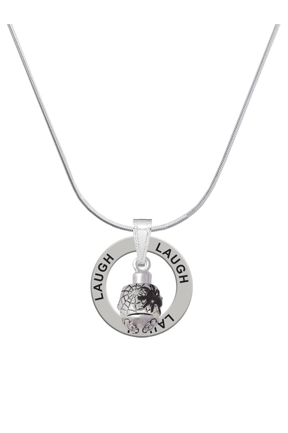 Silvertone Black Spider on Web Spinner Laugh Ring Charm Necklace, 18"
