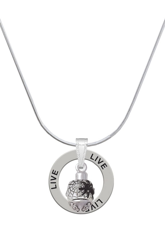 Silvertone Black Spider on Web Spinner Live Ring Charm Necklace, 18"