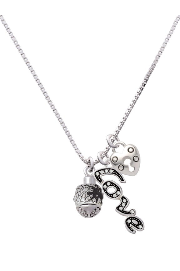 Silvertone Black Spider on Web Spinner - Love and Lock Charm Necklace, 18"+1"
