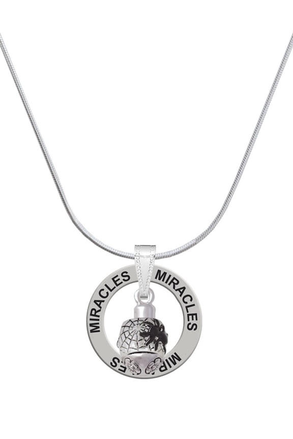 Silvertone Black Spider on Web Spinner Miracles Ring Charm Necklace, 18"