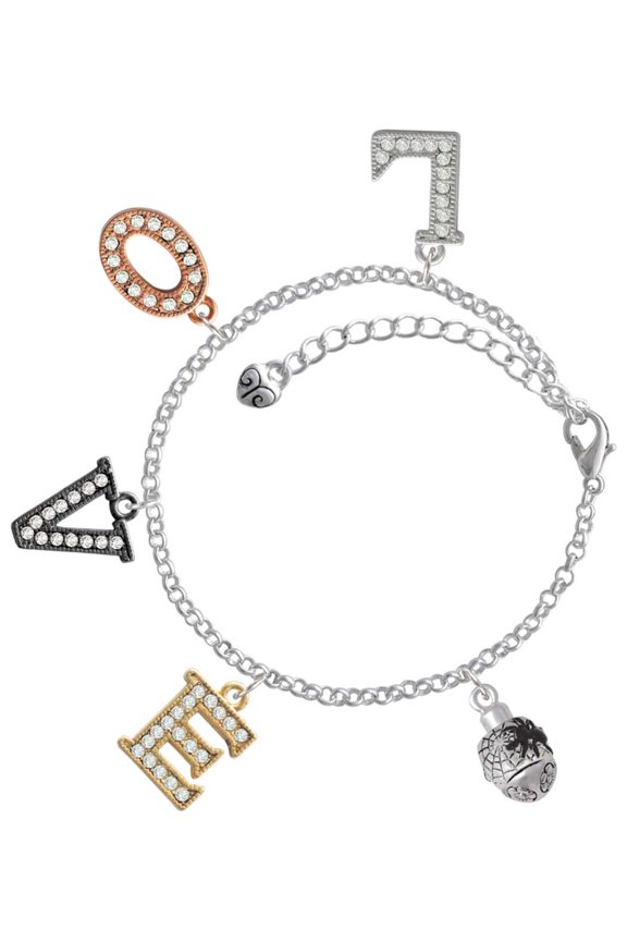 Silvertone Black Spider on Web Spinner Multi-Colored Crystal Love Charm Bracelet