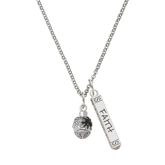 Delight Jewelry Silvertone Black Spider on Web Spinner Silvertone Believe Faith Prayer Hope Bar Charm Necklace, 23"