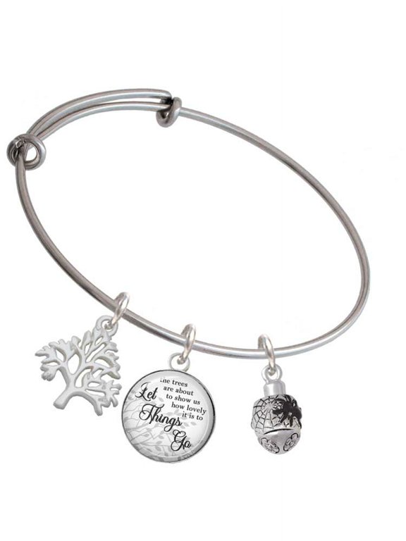 Silvertone Black Spider on Web Spinner Silvertone Let Things Go Tree Charm Bangle Bracelet