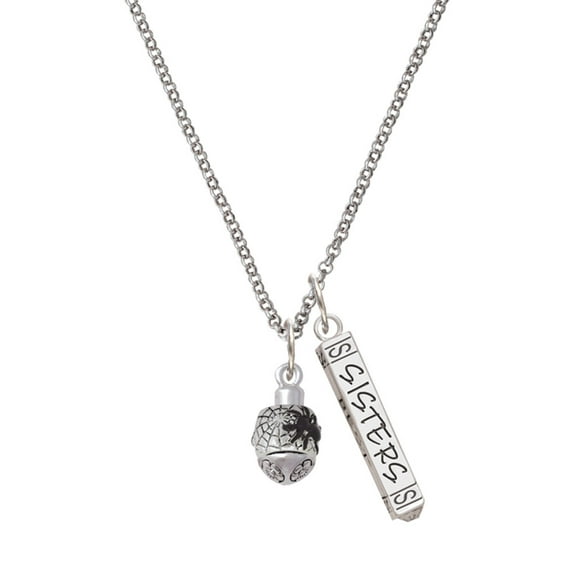 Delight Jewelry Silvertone Black Spider on Web Spinner Silvertone Sisters Best Friends Forever Bar Charm Necklace, 23"