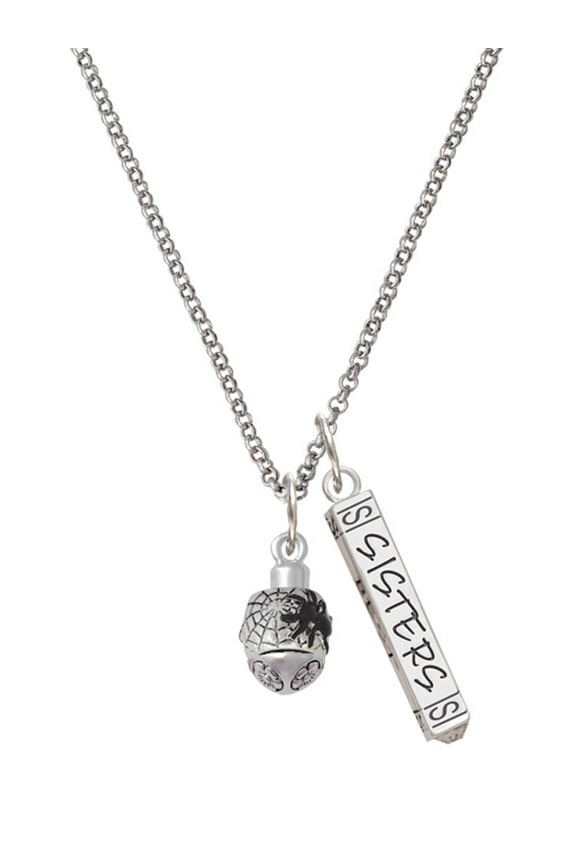Delight Jewelry Silvertone Black Spider on Web Spinner Silvertone Sisters Best Friends Forever Bar Charm Necklace, 23"