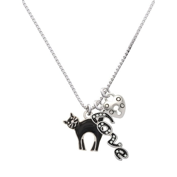 Delight Jewelry Silvertone Black Standing Cat - Love and Lock Charm Necklace, 18"+1"