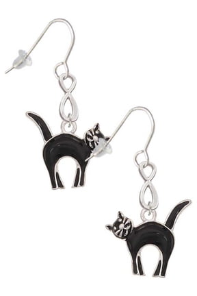 Silvertone Black Standing Cat Silver tone Infinity French Earrings