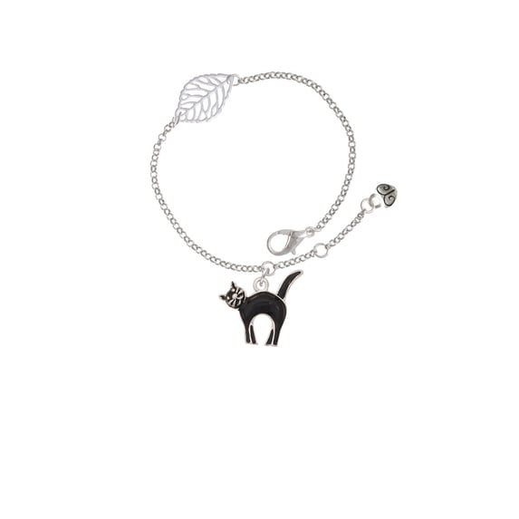 Delight Jewelry Silvertone Black Standing Cat - Silvertone Leaf Delicate Bracelet, 6.25+1.75"