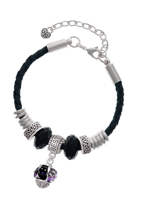 Silvertone Black and Purple Bats with Crystals Spinner Best Friend Celtic Knot Leather Bead Bracelet, 7"+2" Extender